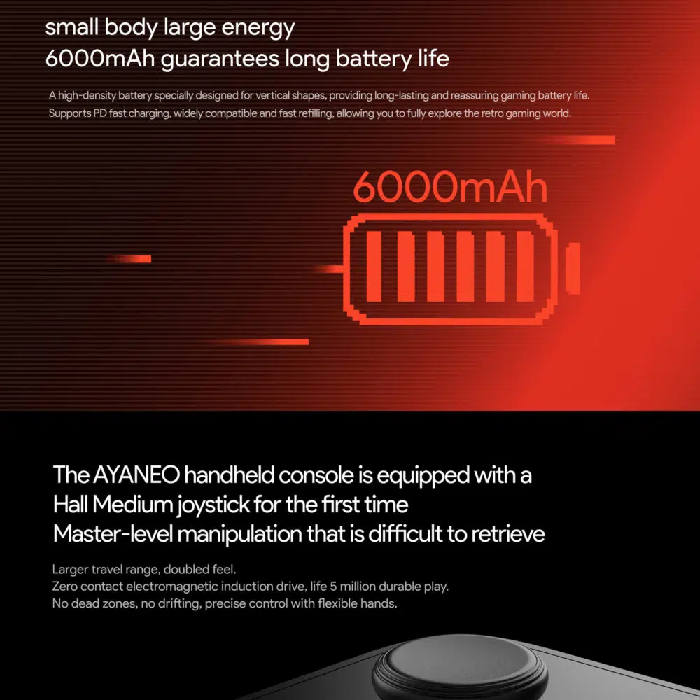 Image marketing présentant la batterie 6000mAh de l'AYANEO Pocket DMG, mettant l'accent sur la longue durée de vie de la batterie et la prise en charge de la charge rapide PD. La partie inférieure présente le joystick Hall Medium, soulignant sa précision, sa durabilité (5 millions d'utilisations) et ses fonctions de contrôle améliorées.