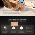 Kétrészes kép az AYANEO Pocket DMG ergonómiai és rezgési jellemzőiről. A felső képen a készüléket tartó kezek láthatók, kiemelve a könnyű érzetet és a könnyen kezelhető gombokat. Az alsó az újonnan továbbfejlesztett, négy üzemmódú rezgési rendszert mutatja be, beleértve a testvibrációt, a Xinput protokolltámogatást, a SoundTAPMagicot és az AYASpace-t a fokozott játékélmény érdekében.  