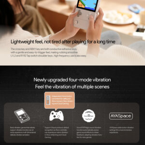 Dvojdielny obrázok zdôrazňujúci ergonómiu a vibračné funkcie vreckového DMG AYANEO. Na hornom obrázku sú zobrazené ruky držiace zariadenie, pričom je zdôraznená jeho ľahkosť a ľahko ovládateľné tlačidlá. Spodná časť opisuje novo vylepšený vibračný systém so štyrmi režimami vrátane vibrácií tela, podpory protokolu Xinput, funkcie SoundTAPMagic a funkcie AYASpace na zlepšenie herných zážitkov.