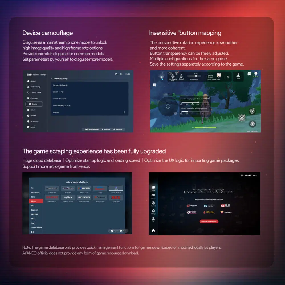 Image à quatre panneaux détaillant les fonctions logicielles de l'AYANEO Pocket DMG. En haut à gauche, les options de camouflage de l'appareil permettent de débloquer des paramètres de qualité supérieure. En haut à droite, la cartographie des boutons insensibles. Les panneaux inférieurs présentent une expérience de scraping de jeux améliorée avec une grande base de données en nuage et une interface utilisateur optimisée pour l'importation de paquets de jeux, avec diverses plateformes de jeux rétro et émulateurs.