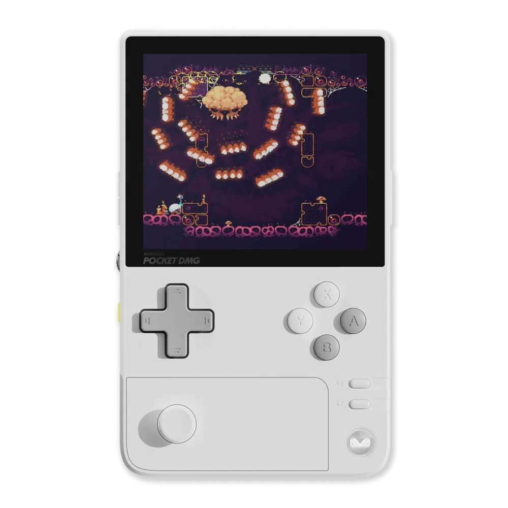 Pohled na AYANEO Pocket DMG v bílé barvě Moon White zepředu, který zdůrazňuje vertikální uspořádání kapesního počítače s živým 3,92palcovým displejem OLED, ovládacími tlačítky a analogovým joystickem.