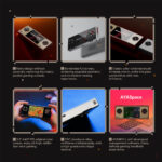 A six-panel grid showcasing features of the AYANEO Pocket Micro Classic handheld. The panels depict the device in various angles and uses, highlighting its retro design, borderless full screen, classic color schemes, a person playing a game on it, its CNC aluminum alloy midframe, and the AYASpace management software.