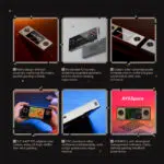 A six-panel grid showcasing features of the AYANEO Pocket Micro Classic handheld. The panels depict the device in various angles and uses, highlighting its retro design, borderless full screen, classic color schemes, a person playing a game on it, its CNC aluminum alloy midframe, and the AYASpace management software.