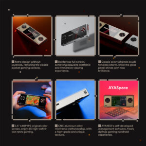 A six-panel grid showcasing features of the AYANEO Pocket Micro Classic handheld. The panels depict the device in various angles and uses, highlighting its retro design, borderless full screen, classic color schemes, a person playing a game on it, its CNC aluminum alloy midframe, and the AYASpace management software.