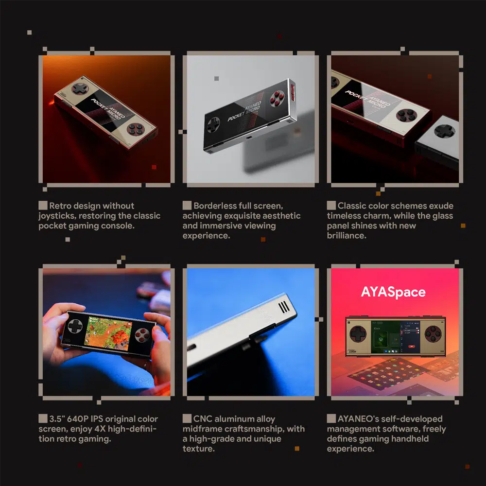 A six-panel grid showcasing features of the AYANEO Pocket Micro Classic handheld. The panels depict the device in various angles and uses, highlighting its retro design, borderless full screen, classic color schemes, a person playing a game on it, its CNC aluminum alloy midframe, and the AYASpace management software.