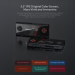 A black AYANEO Pocket Micro Classic handheld gaming console is shown in two angles on a dark surface. Above it, large text describes its "3.5" IPS Original Color Screen, More Vivid and Immersive" with details like 640P resolution and 3:2 aspect ratio. Below, a diagram with colored boxes lists specifications: "960 × 640 resolution," "330PPI pixel density," "IPS original color screen," "3:2 screen ratio," "100% sRGB coverage," "115% sRGB Volume," and "GBA resolution native 4X."