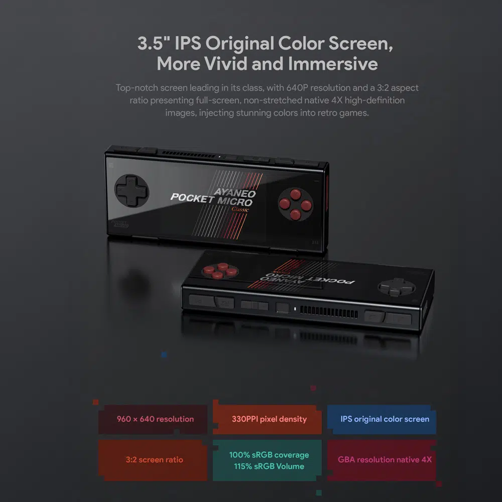 A black AYANEO Pocket Micro Classic handheld gaming console is shown in two angles on a dark surface. Above it, large text describes its "3.5" IPS Original Color Screen, More Vivid and Immersive" with details like 640P resolution and 3:2 aspect ratio. Below, a diagram with colored boxes lists specifications: "960 × 640 resolution," "330PPI pixel density," "IPS original color screen," "3:2 screen ratio," "100% sRGB coverage," "115% sRGB Volume," and "GBA resolution native 4X."