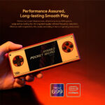A hand holds a gold and red AYANEO Pocket Micro Classic handheld gaming console, which displays a game on its screen. Above the console, text reads "Performance Assured, Long-lasting Smooth Play," describing its octa-core processor, cooling fan, and over 6 hours of battery life. Below the console, icons highlight "Helio G99" (processor) and "2600mAh" (battery capacity).