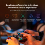 A close-up of hands holding a red and black AYANEO Pocket Micro Classic, playing a colorful game. Above the device, text highlights "Leading configuration in its class, immersive control experience. MASTER multi-functional controller." Five icons represent key controller features: "A-B X-Y key value exchange," "Key continuous sending function," "Motor vibration intensity adjustment," "Gyroscope based motion sensing assisted aiming," and "Zero power standby."