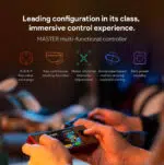 A close-up of hands holding a red and black AYANEO Pocket Micro Classic, playing a colorful game. Above the device, text highlights "Leading configuration in its class, immersive control experience. MASTER multi-functional controller." Five icons represent key controller features: "A-B X-Y key value exchange," "Key continuous sending function," "Motor vibration intensity adjustment," "Gyroscope based motion sensing assisted aiming," and "Zero power standby."