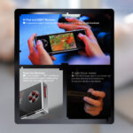 A three-panel graphic showcasing control features of the AYANEO Pocket Micro. The top panel shows hands playing a game on the device, with text "D-Pad and ABXY Buttons" and "Conductive rubber buttons with moderate travel and clear tactile feedback." The bottom-left panel shows a close-up of the device's side with "Function Buttons" and details about customizable "=” "RC" and Home buttons. The bottom-right panel shows a close-up of the side with text "X-axis linear motor" and "CSA 0815 large-size X-axis linear motor provides delicate and responsive immersive vibration feedback."