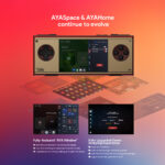 A multi-panel image demonstrating the AYASpace & AYAHome software on the AYANEO Pocket Micro Classic. The top section displays the gold and red console with a user interface resembling an Xbox dashboard. Below, a series of smaller screenshots show various features of the "Fully-featured "AYA Window"" (real-time performance monitoring, one-click switching, controller button functions) and "Fully Upgraded Game Scraping Experience" (cloud database, optimized loading, UX logic, and retro game front-end support). The background is a gradient of purple and orange.