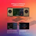 A multi-panel image demonstrating the AYASpace & AYAHome software on the AYANEO Pocket Micro Classic. The top section displays the gold and red console with a user interface resembling an Xbox dashboard. Below, a series of smaller screenshots show various features of the "Fully-featured "AYA Window"" (real-time performance monitoring, one-click switching, controller button functions) and "Fully Upgraded Game Scraping Experience" (cloud database, optimized loading, UX logic, and retro game front-end support). The background is a gradient of purple and orange.