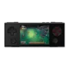 Front view of the AYANEO Pocket Micro in black, showing a 3.5-inch screen displaying a colorful top-down adventure game. The device features a D-pad on the left, ABXY buttons on the right, and two circular buttons below, showcasing its retro-inspired design.