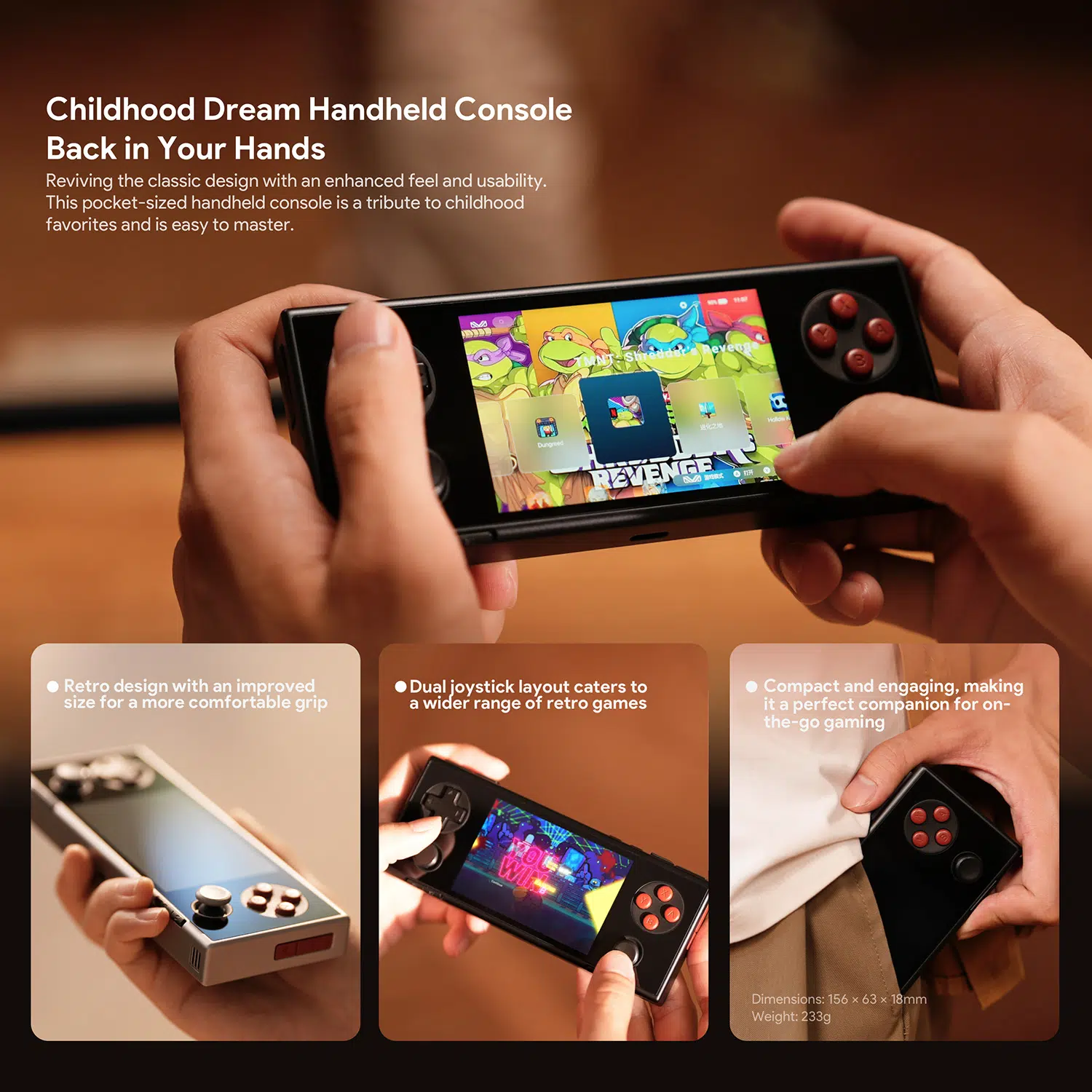 Three images of the AYANEO Pocket Micro being held, showcasing its compact size and retro-inspired design. Text describes it as a "Childhood Dream Handheld Console" with features like improved grip, dual joystick layout, and on-the-go gaming capabilities. Device dimensions are listed as 156 x 63 x 18mm, weighing 233g.