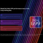 Una grafica che mostra il processore MediaTek Helio G99 nel AYANEO Pocket Micro. I riquadri di testo evidenziano il suo processore a otto core capace di eseguire giochi PS2, il raffreddamento attivo per lunghe sessioni di gioco e fino a 6 ore di durata della batteria. Il logo Helio G99 è esposto in modo prominente su uno sfondo colorato.