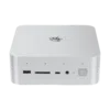 Front view of Beelink GTi14 Ultra mini PC. Silver square device with rounded edges. Visible ports include USB, SD card slot, USB-C, and audio jack. Beelink logo on top. Power button with LED indicator on the right side.
