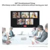 Illustration of 360° Omnidirectional Pickup feature. Large screen shows a video conference with five participants. Below, people sit around a table with the Beelink GTi14 Ultra at the center, surrounded by concentric circles representing the audio pickup range. Text reads: 'Effortlessly conduct video conference without leaving your seat'
