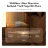 32dB Near-Silent Operation infographic. Shows a Beelink GTi14 Ultra mini PC on a bedside table in a dimly lit room. A sound level chart compares its 32dB(A) noise level to breathing (10dB(A)) and office noise (45dB(A)). Text emphasizes quiet operation for nighttime tranquility.