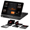 Front view of the GPD Pocket 4 highlighting its 8.8-inch 2.5K touchscreen display, powered by AMD Ryzen AI 9 HX with 64GB RAM and 4TB NVMe SSD. Displays modular design with multiple configurations, combining portability and high performance for professional tasks.