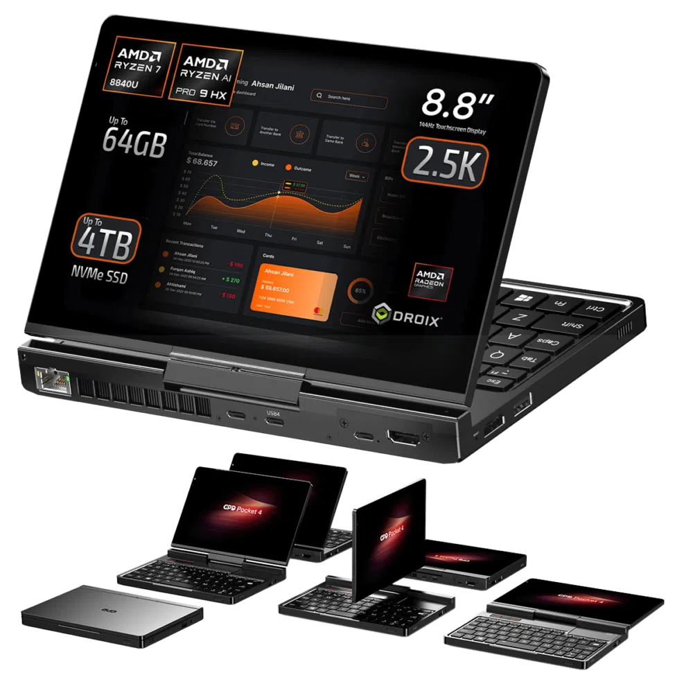Vista frontale del GPD Pocket 4 che evidenzia il suo display touchscreen da 8,8 pollici 2.5K. Alimentato da AMD Ryzen 7 8840U o AMD Ryzen AI Pro 9 HX, con opzioni fino a 64GB di RAM e fino a 4TB di SSD NVMe. Mostra il design modulare e le molteplici configurazioni per produttività e portabilità.