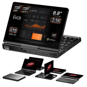 GPD Pocket 4:n etukuva, jossa korostuu sen 8,8 tuuman 2,5K-kosketusnäyttö. Virtalähteenä AMD Ryzen 7 8840U tai AMD Ryzen AI Pro 9 HX, vaihtoehtona jopa 64 Gt RAM-muistia ja jopa 4 Tt NVMe SSD. Esittelee modulaarista suunnittelua ja useita kokoonpanoja tuottavuutta ja siirrettävyyttä varten.  