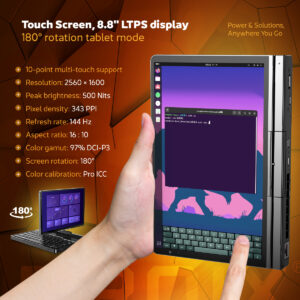 GPD Pocket 4 portatile che mostra il suo display touchscreen LTPS da 8,8 pollici con rotazione di 180° per la modalità tablet. Le caratteristiche principali includono risoluzione 2560x1600, densità di pixel di 343 PPI, luminosità di 500 nits, frequenza di aggiornamento di 144Hz, rapporto d'aspetto 16:10, gamma di colori DCI-P3 al 97% e calibrazione del colore Pro ICC per una visualizzazione precisa.