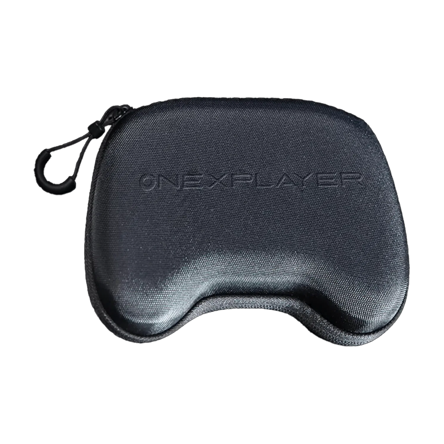 A sleek black gaming controller case is depicted with its lid open, showcasing a dark gray ONEXPLAYER controller nestled inside. The controller boasts glowing analog sticks, a directional pad, and an array of buttons. The case features a zippered closure and a padded interior for enhanced protection.