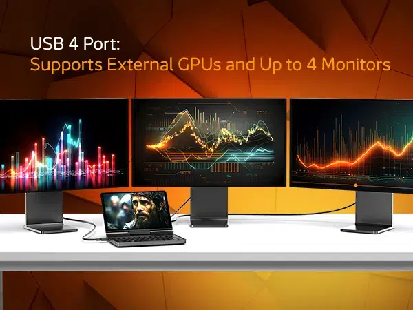 GPD Pocket 4 je pripojený k viacerým externým monitorom prostredníctvom rozhrania USB 4, podporuje externé grafické procesory a až 4 displeje súčasne, pričom na monitoroch sa zobrazujú živé vizualizácie údajov.