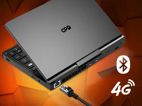 Pohľad na zadnú stranu zariadenia GPD Pocket 4 s možnosťami pripojenia vrátane modulu 4G LTE, portu Ethernet, USB-C a Bluetooth, ktoré zdôrazňujú bezproblémové pripojenie pre všetky prostredia.