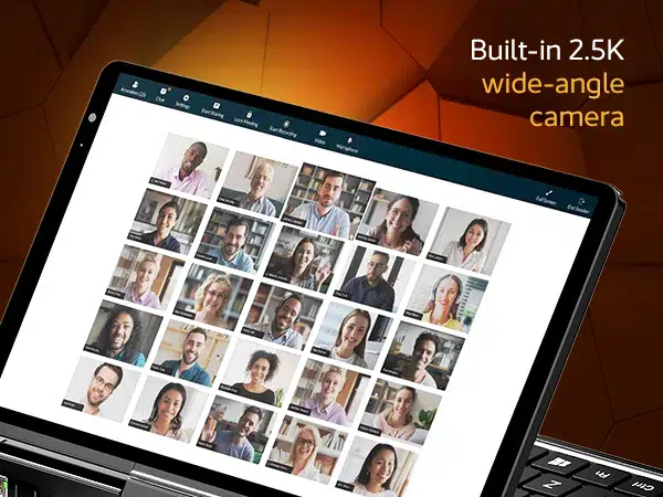 GPD Pocket 4 predstavuje zabudovanú 2,5K kameru so širokým uhlom záberu a displej pre videokonferencie s viacerými účastníkmi, čo zdôrazňuje jeho vhodnosť na prácu a spoluprácu na diaľku.