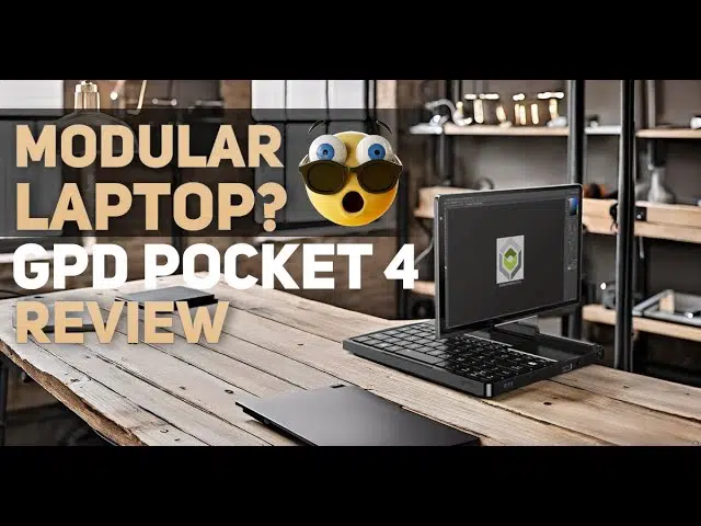 Vaizdas, kuriame pavaizduotas modulinis nešiojamasis kompiuteris "GPD Pocket 4" ant modernaus medinio stalo pramoninio stiliaus darbo vietoje. Teksto viršelyje rašoma "Modulinis nešiojamasis kompiuteris? GPD POCKET 4 Review" su išraiškingu emodži, vaizduojančiu nuostabą ir pabrėžiančiu unikalią modulinę prietaiso konstrukciją.