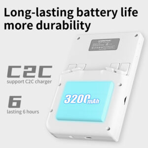 Anbernic RG 40XXV: Ilgstoša 3200 mAh li-polimēra baterija nodrošina līdz pat 8 stundām spēlēšanas. Atbalsta 5 V/1,5 A uzlādi ātrai un ērtai uzlādei, saderīgs ar C2C lādētājiem.
