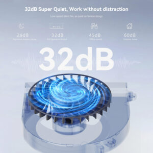 Illustrazione di una ventola di raffreddamento silenziosa a bassa velocità che emette solo 32dB di rumore, dimostrando il suo funzionamento silenzioso. La ventola è mostrata come una grafica blu vorticosa, enfatizzando il rumore minimo. Sono forniti confronti con i livelli di rumore ambientale e d'ufficio, indicando che questa ventola è più silenziosa degli ambienti d'ufficio tipici.