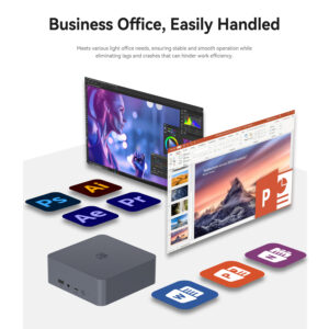 Visuale di un mini PC Beelink circondato da icone di popolari applicazioni software per ufficio (Photoshop, Illustrator, Premiere Pro, Word, Excel e PowerPoint). Il setup indica la capacità del dispositivo di gestire compiti d'ufficio essenziali e editing leggero, con un focus su prestazioni fluide e stabili.