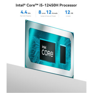 Illustrazione del chip del processore Intel Core i5-12450H con dettagli sulla sua frequenza turbo massima di 4,4 GHz, 8 core, 12 thread e 12MB di cache L3. Il processore è evidenziato per le sue capacità ad alte prestazioni, ideale per un multitasking fluido e produttività.