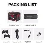 Ecco una lista di cose incluse nel pacchetto GD10-PLUS: una scatola, il Game Stick Lite, due controller, un cavo Android, un cavo di prolunga e un ricevitore wireless. Questa immagine ti fa vedere chiaramente tutto quello che trovi con il GD10-PLUS.
