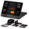 GPD Pocket 4:n etukuva, jossa korostuu sen 8,8-tuumainen 2,5K-kosketusnäyttö, AMD Ryzen AI 9 HX, 64 Gt RAM-muisti ja 2 Tt NVMe SSD. Näytön modulaarinen rakenne, jossa on useita kokoonpanoja ja jossa yhdistyvät kannettavuus ja korkea suorituskyky ammattitehtäviin.