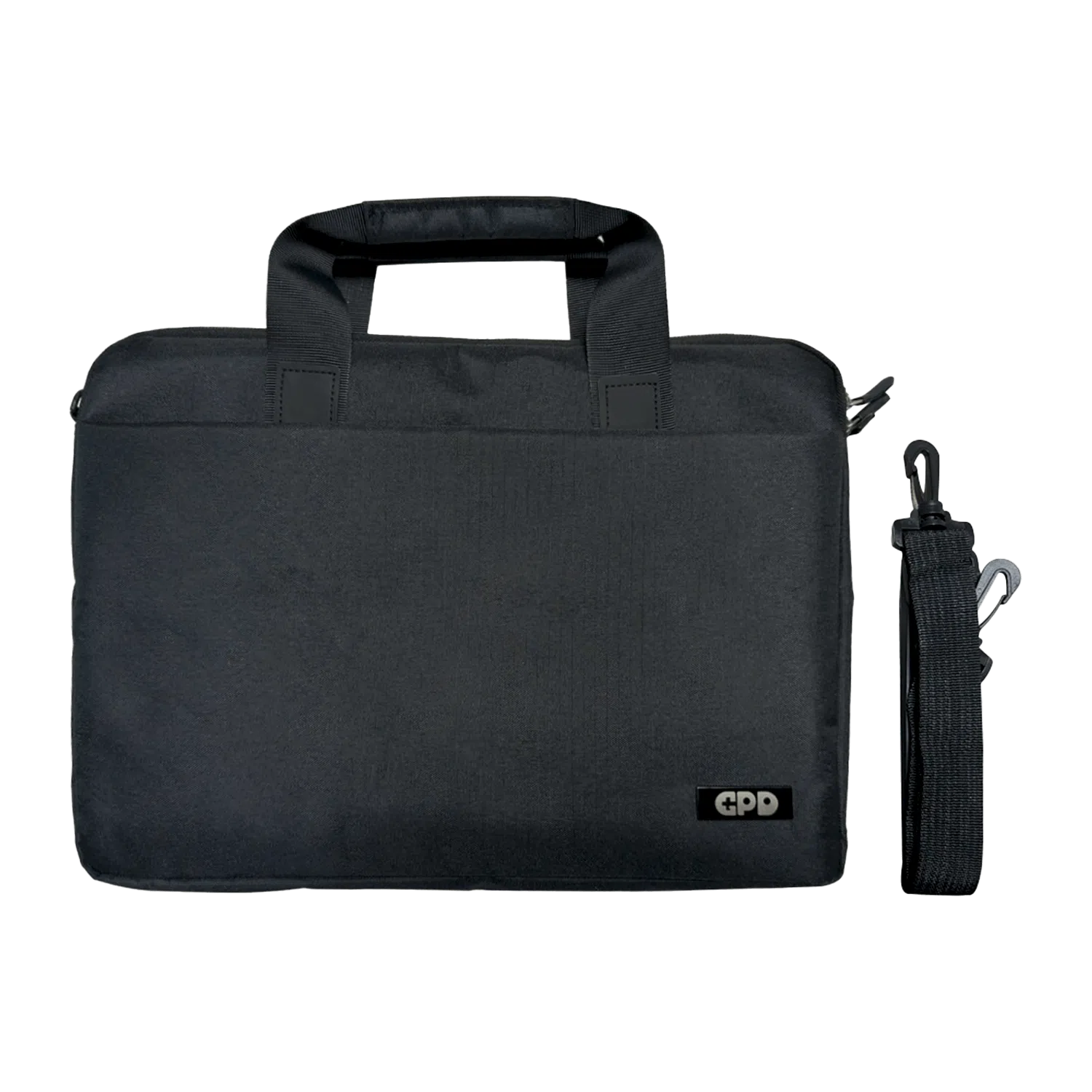A black protective case with handles designed for the GPD Duo, featuring a sleek design and a detachable shoulder strap. The GPD logo is visible in the lower corner.
