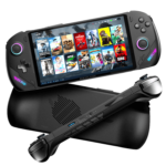 Viste frontale e posteriore del dispositivo portatile ONEXPLAYER F1 Pro che evidenziano il suo design ergonomico, l'ampio display con vari titoli di gioco sullo schermo e la presa d'aria posteriore per il raffreddamento.