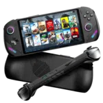 A ONEXPLAYER F1 Pro kézi készülék elülső és hátsó nézete, kiemelve az ergonomikus kialakítást, a széles kijelzőt a különböző játékcímekkel a képernyőn és a hátsó szellőzőnyílást a hűtés érdekében.