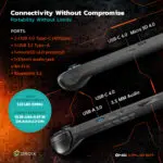 A ONEXPLAYER F1 Pro csatlakozási jellemzői: kettős USB-C 4.0 port, USB 3.2 Type-A port, microSD foglalat, 3,5 mm-es audiocsatlakozó, Wi-Fi 6 és Bluetooth 5.2 támogatás. A méretek 10,35 x 3,86 x 0,87 hüvelyk méretben szerepelnek, a könnyű kialakítás pedig 599 g (1,32 font).