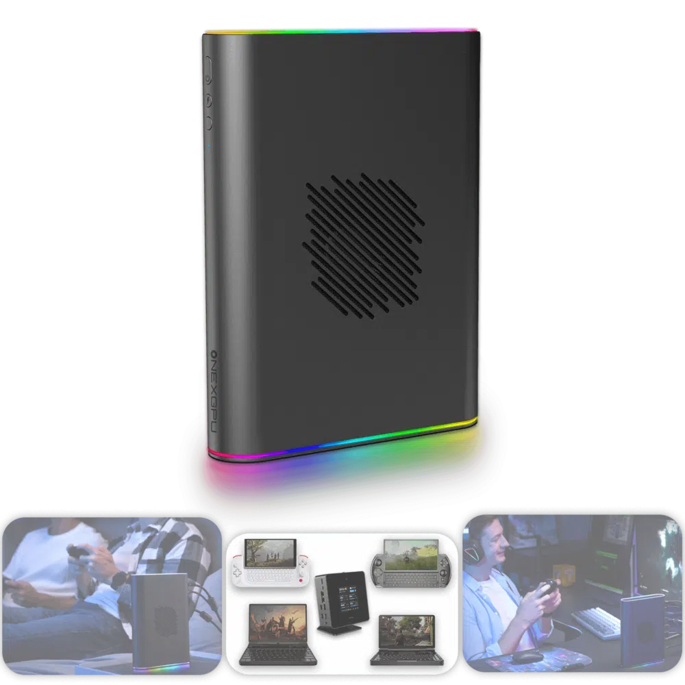 Der ONEXGPU 2 wird vertikal mit lebendiger RGB-Beleuchtung um seine Basis präsentiert, begleitet von Lifestyle-Aufnahmen darunter, die seine Verwendung in Gaming-Setups zeigen, verbunden mit verschiedenen Handheld- und Laptop-Geräten.