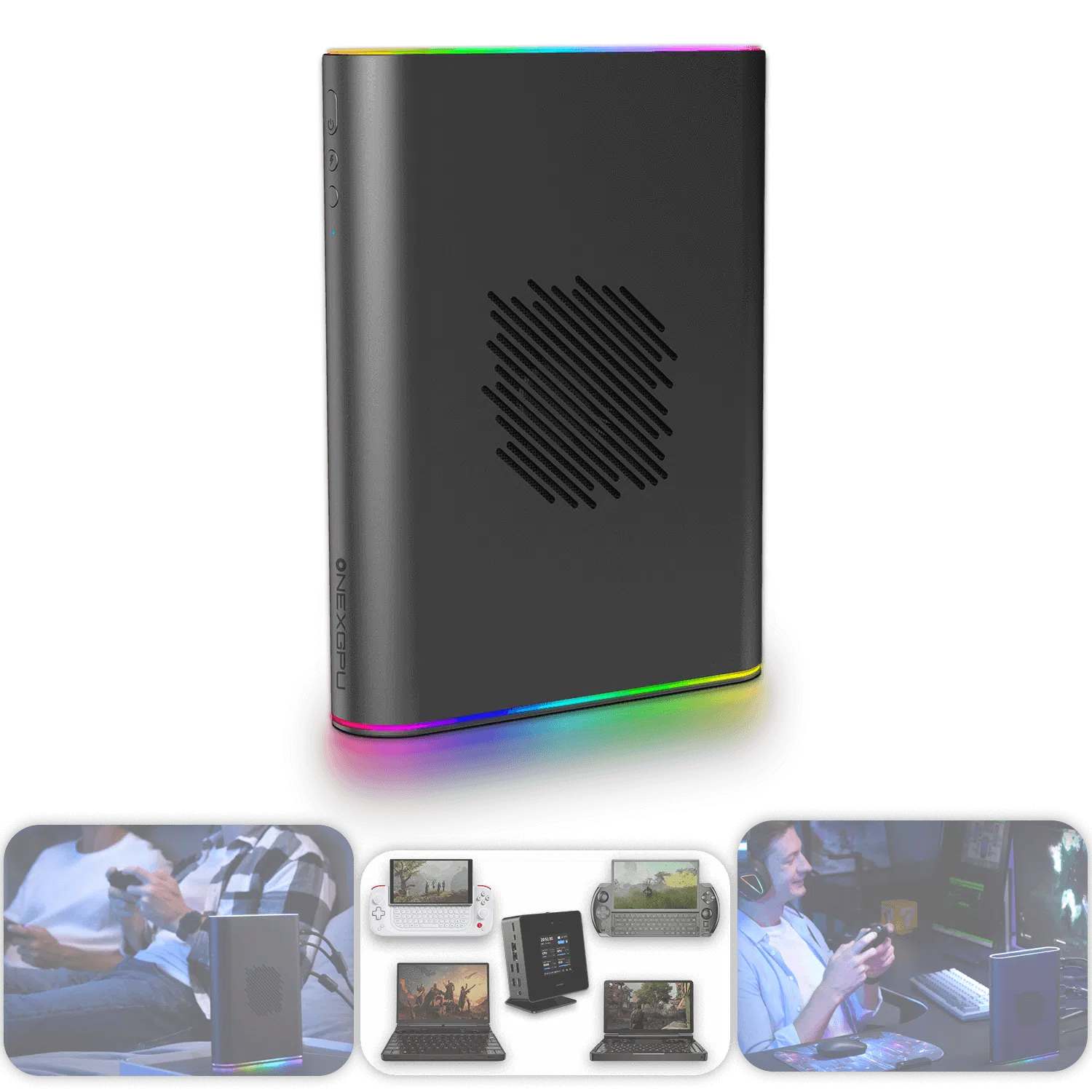 Stacja dokująca ONEXPLAYER ONEXGPU 2 eGPU 1 The ONEXGPU 2 shown vertically with vibrant RGB lighting around its base, accompanied by lifestyle imagery below showcasing its use in gaming setups, connected to various handheld and laptop devices.