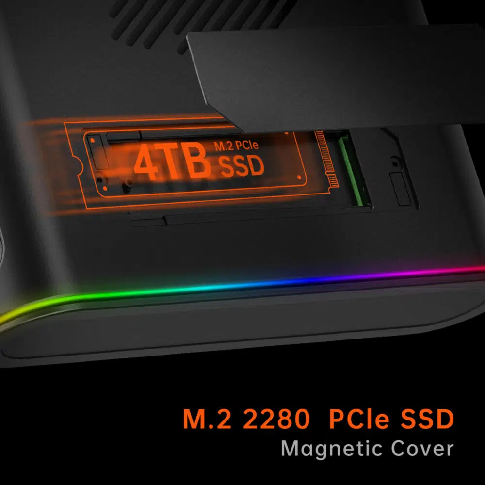 Közelkép az ONEXGPU eszközről, amely egy M.2 2280 PCIe SSD mágneses fedelét mutatja be, a 4 TB-os SSD-helyet narancssárga színben kiemelve, a készülék szélein finom RGB világítással.
