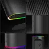 Collage von Nahaufnahmen des ONEXGPU, die sein schlankes schwarzes Design, RGB-Beleuchtungsakzente, Lüftungsöffnungen, Ein-/Ausschalter und Anschlüsse mit einer minimalistischen, futuristischen Ästhetik präsentieren.