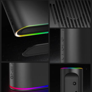 Colagem de vistas em grande plano da ONEXGPU, mostrando o seu design preto elegante, detalhes de iluminação RGB, saídas de ar, botões de alimentação e portas de ligação com uma estética minimalista e futurista.