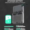 The back view of the R36S handheld game console, showing the upgraded 3200mAh lithium battery, which provides up to 6 hours of playtime. The charging specifications are indicated as 5V/2A input with a 2-hour charging time. A large battery icon emphasizes the device's long battery life.