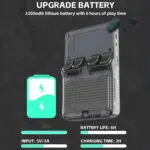 R36S-käsikonsolin takanäkymä, jossa näkyy päivitetty 3200 mAh:n litiumakku, joka tarjoaa jopa 6 tuntia peliaikaa. Lataustiedot ovat 5V/2A tulo ja 2 tunnin latausaika. Suuri akkukuvake korostaa laitteen pitkää akkukestoa.