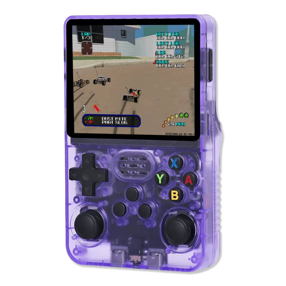 Transparent Purple R36S Console: The R36S handheld console in a vibrant translucent orange casing, showing a racing game on its screen with detailed graphics of remote-controlled cars on a track. The buttons are clearly visible on the front of the console.